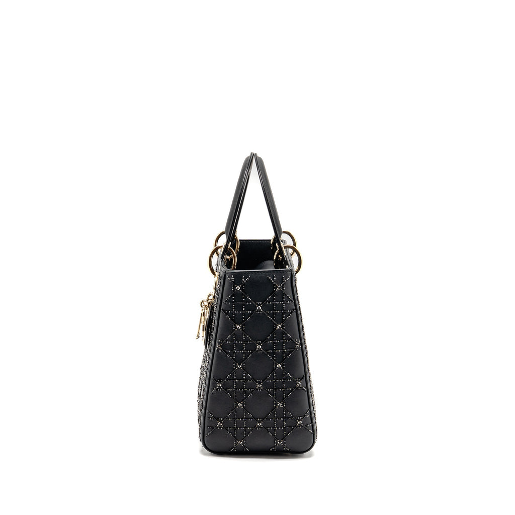 DIOR MEDIUM LADY DIOR EMBELLISHED CANNAGE LIMITED EDITION CALFSKIN BLACK LGHW