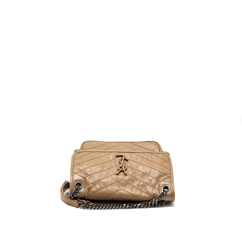 SAINT LAURENT MEDIUM NIKI BAG CRINKLED CALFSKIN DARK BEIGE RUTHENIUM HARDWARE