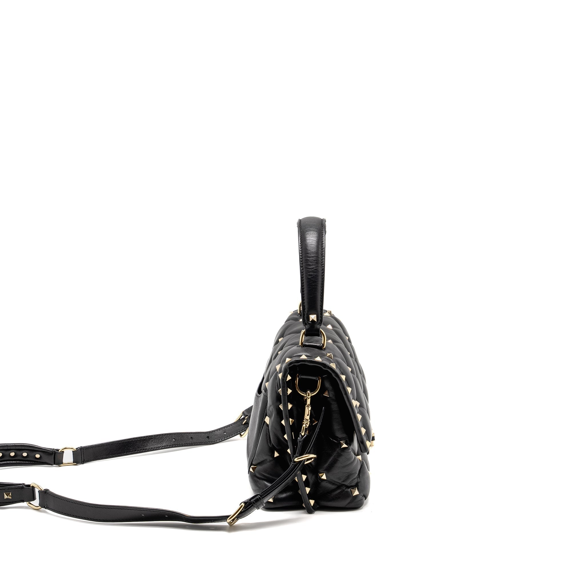 VALENTINO TOP HANDLE QUILTED CANDYSTUD FLAP BAG LAMBSKIN BLACK LGHW