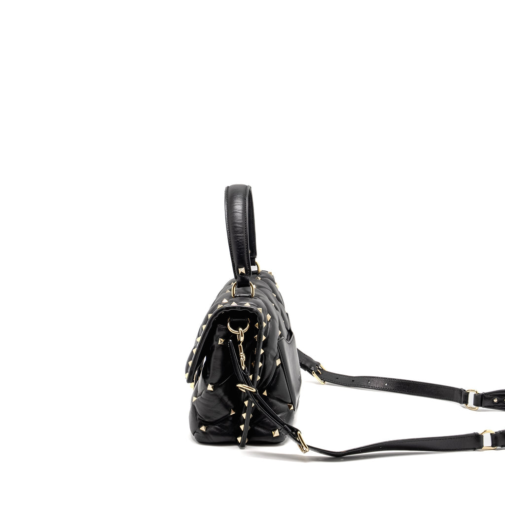 VALENTINO TOP HANDLE QUILTED CANDYSTUD FLAP BAG LAMBSKIN BLACK LGHW