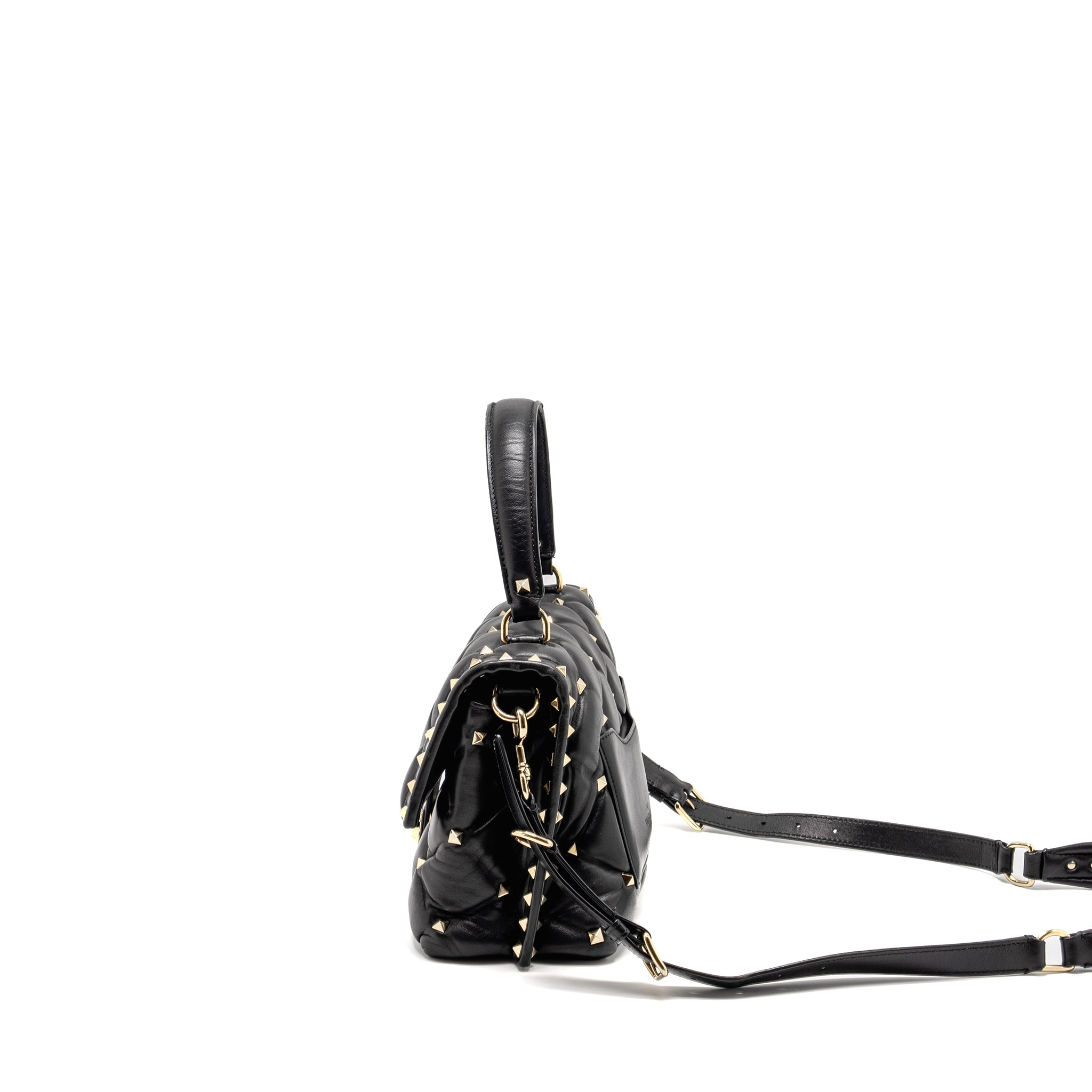 VALENTINO TOP HANDLE QUILTED CANDYSTUD FLAP BAG LAMBSKIN BLACK LGHW