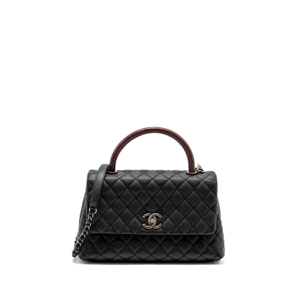 CHANEL MEDIUM COCO HANDLE CAVIAR / LIZARD HANDLE BLACK / BURGUNDY RUTHENIUM HARDWARE