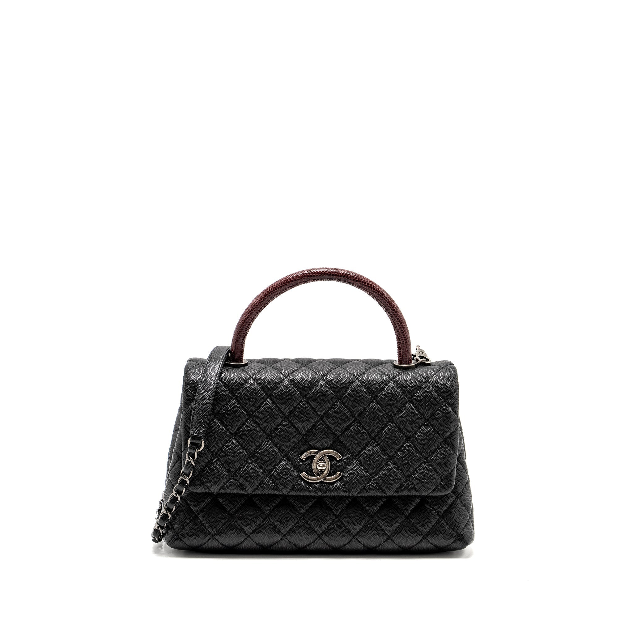CHANEL MEDIUM COCO HANDLE CAVIAR / LIZARD HANDLE BLACK / BURGUNDY RUTHENIUM HARDWARE
