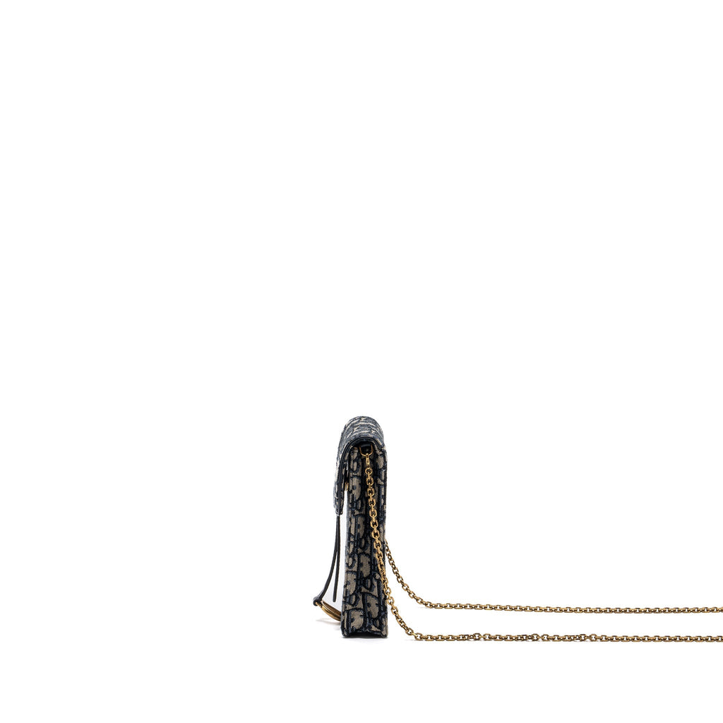 DIOR SADDLE PHONE HOLDER WITH CHAIN OBLIQUE JACQUARD CANVAS BLUE GHW