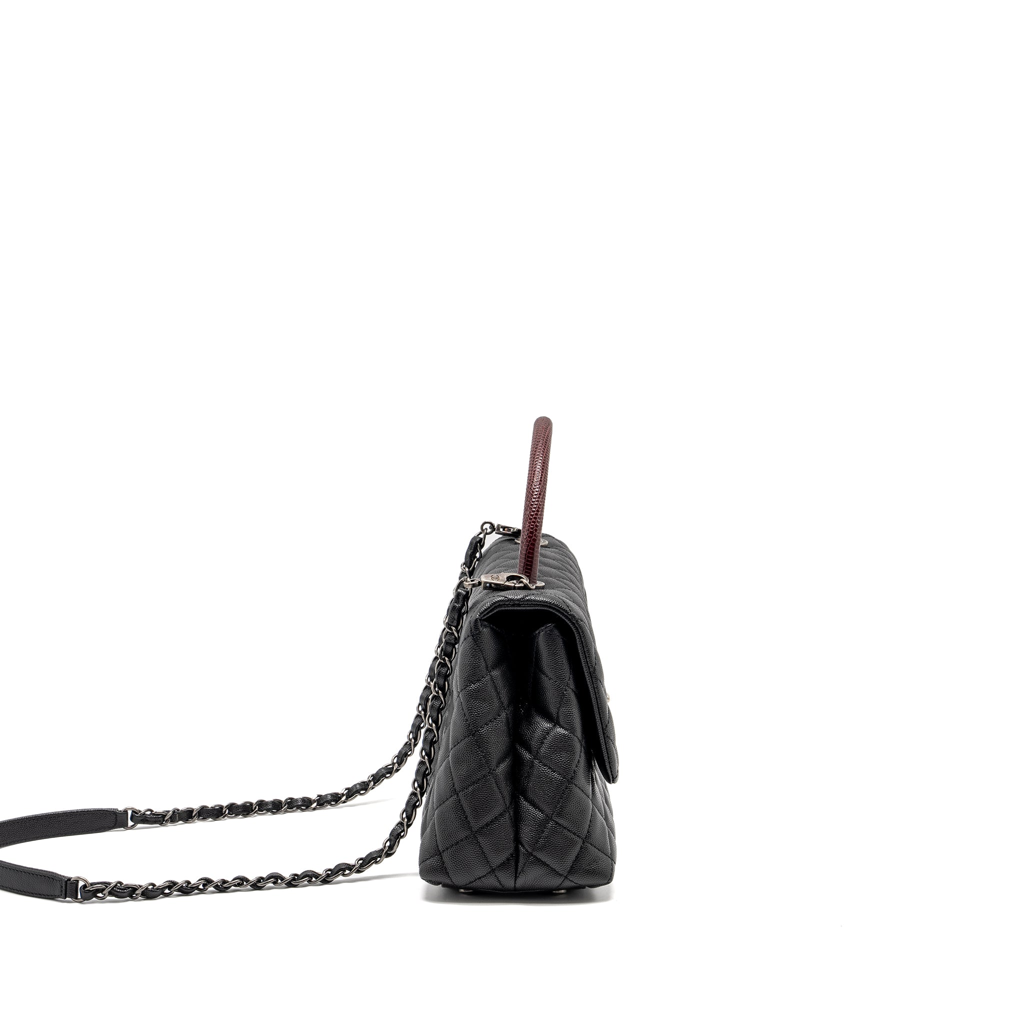 CHANEL MEDIUM COCO HANDLE CAVIAR / LIZARD HANDLE BLACK / BURGUNDY RUTHENIUM HARDWARE