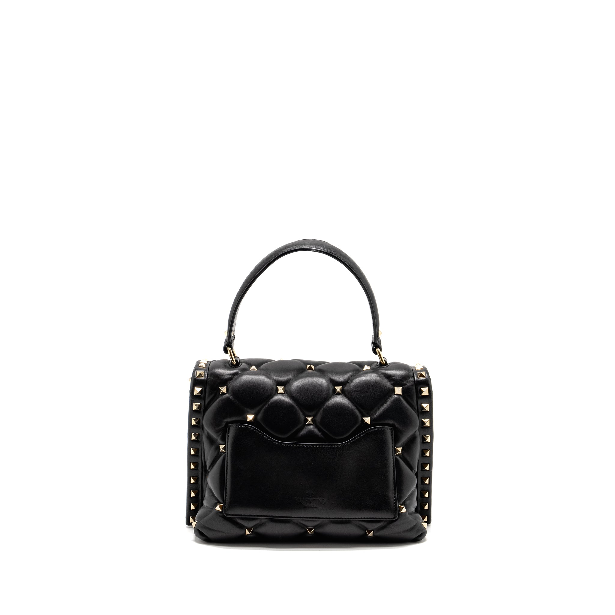 VALENTINO TOP HANDLE QUILTED CANDYSTUD FLAP BAG LAMBSKIN BLACK LGHW