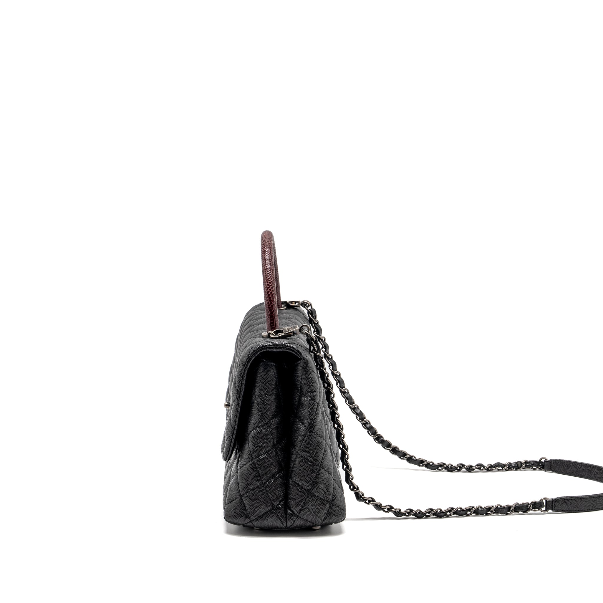 CHANEL MEDIUM COCO HANDLE CAVIAR / LIZARD HANDLE BLACK / BURGUNDY RUTHENIUM HARDWARE