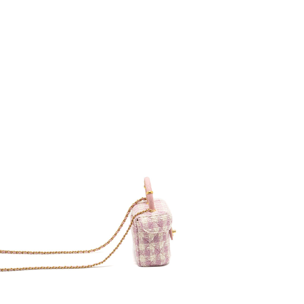 CHANEL TOP HANDLE VANITY BAG WITH CHAIN TWEED PINK GHW (MICROCHIP)