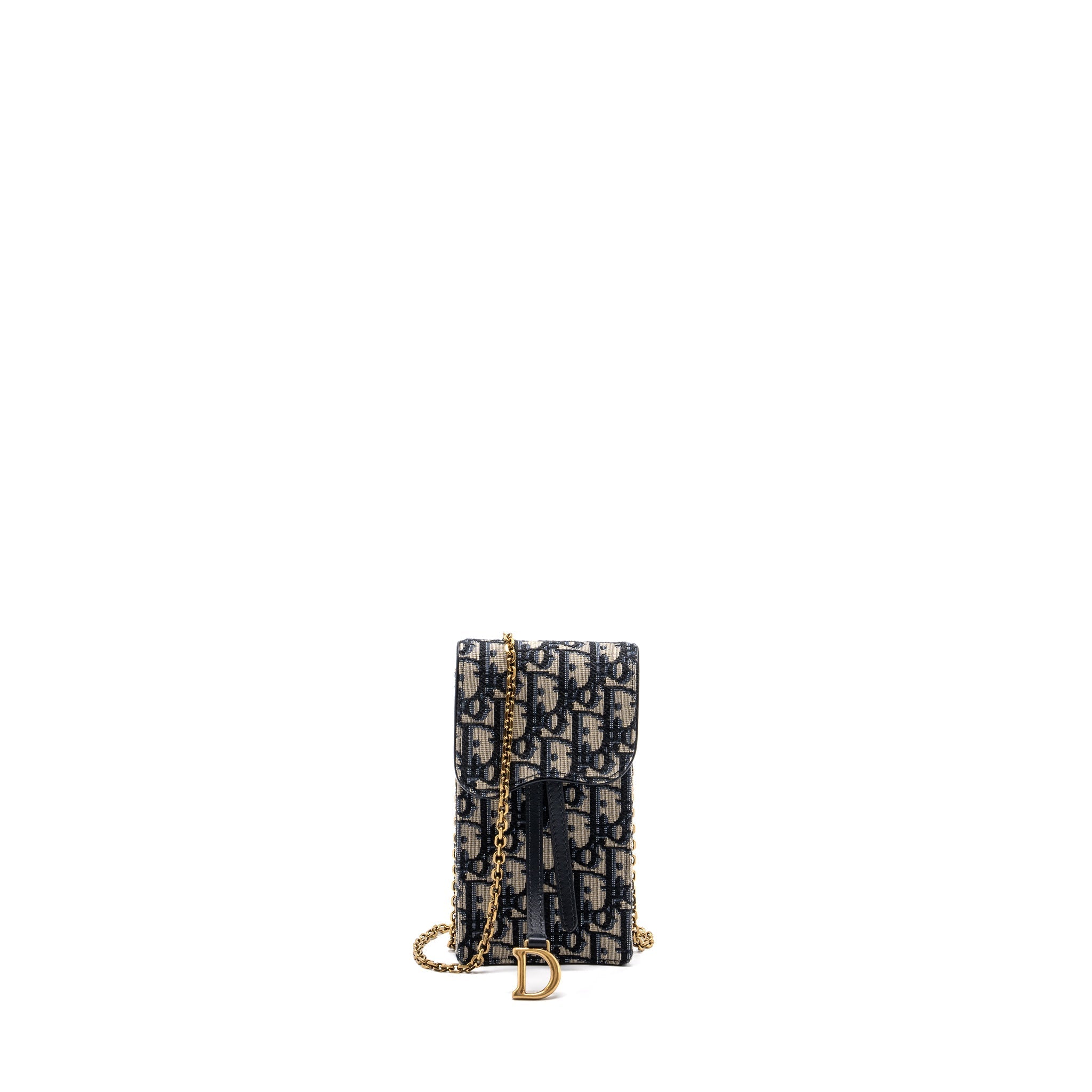 DIOR SADDLE PHONE HOLDER WITH CHAIN OBLIQUE JACQUARD CANVAS BLUE GHW