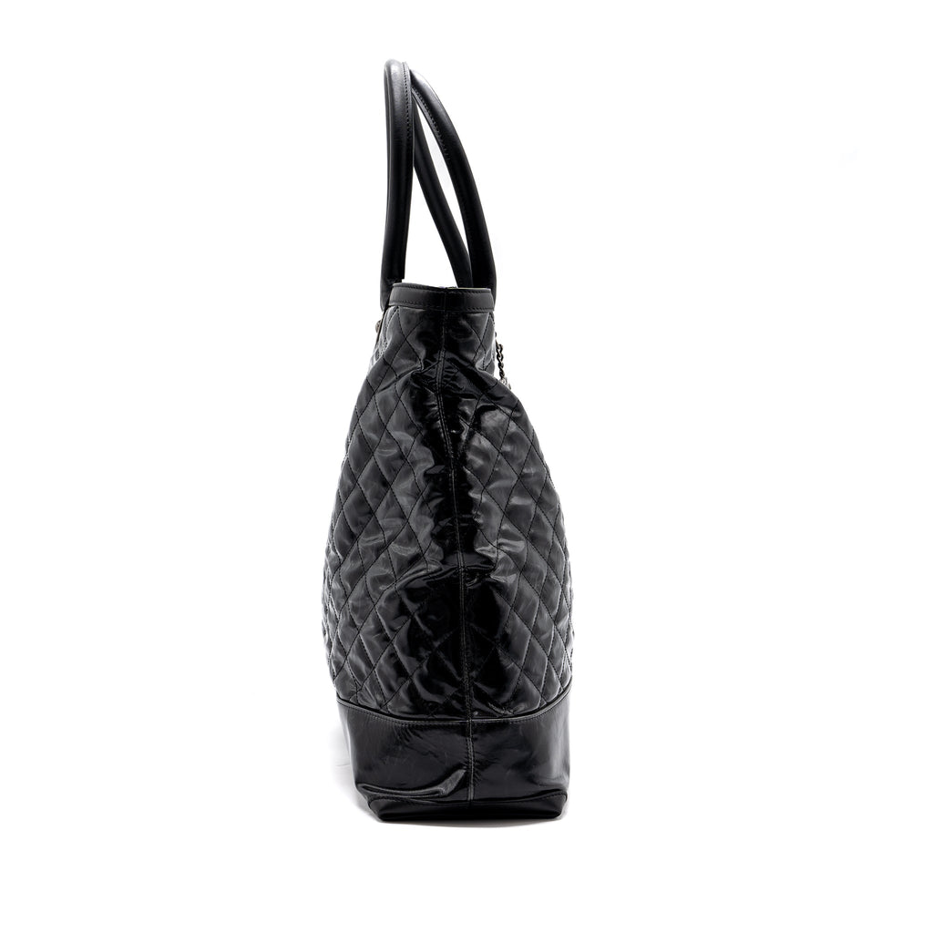 CHANEL GIANT ZIP SHOPPING BAG PATENT BLACK RUTHENIUM HARDWARE