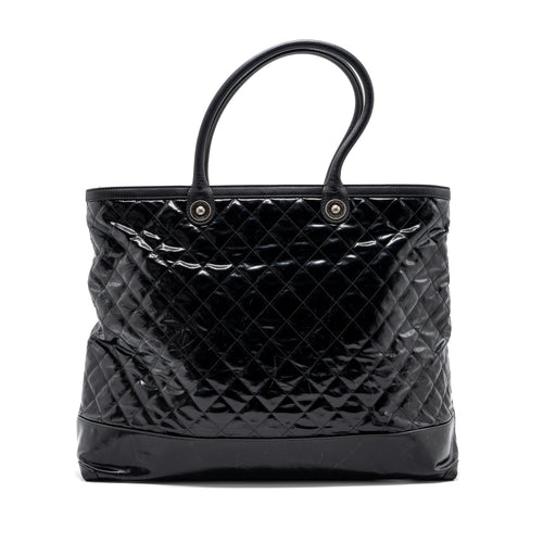 CHANEL GIANT ZIP SHOPPING BAG PATENT BLACK RUTHENIUM HARDWARE
