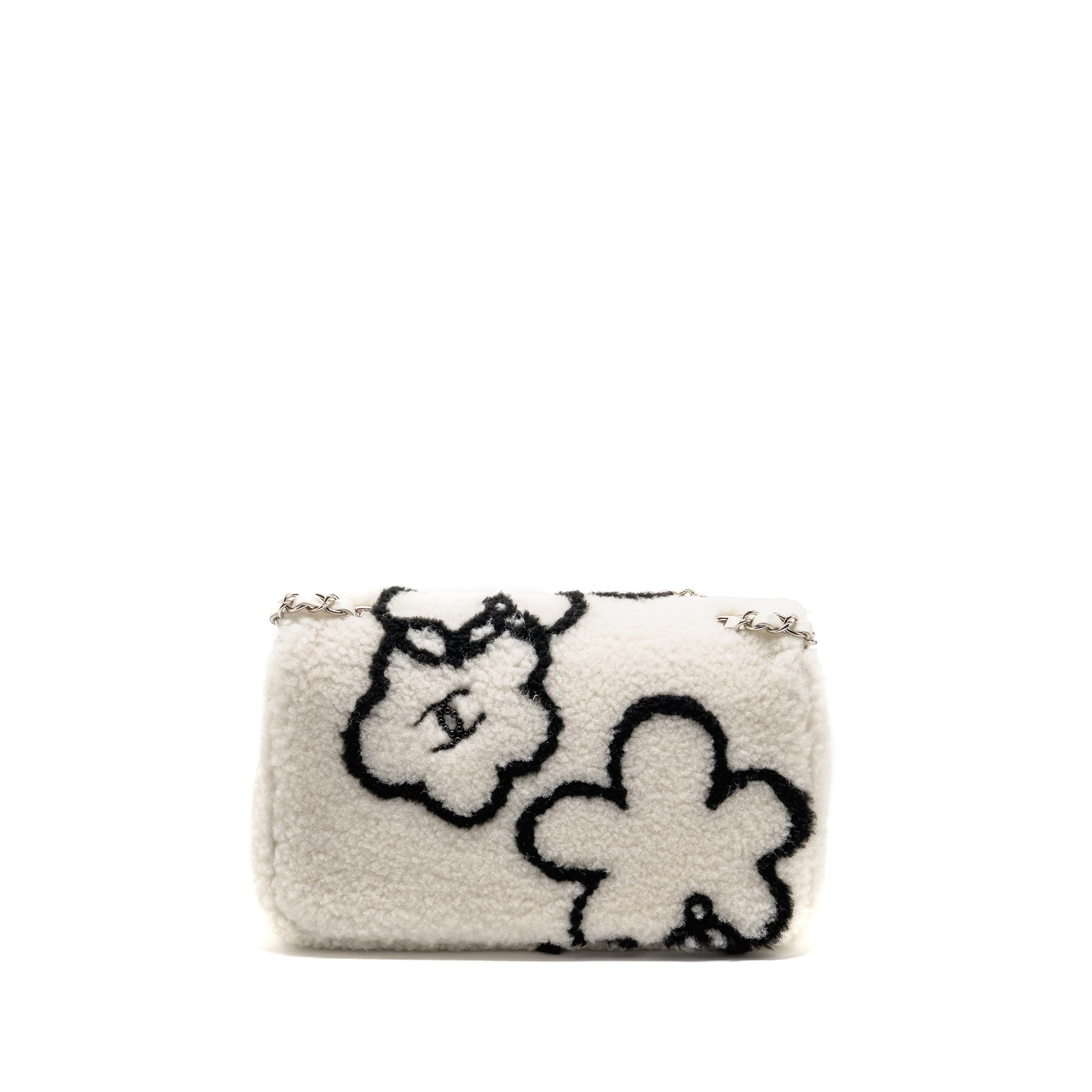 CHANEL 22A FLUFFY CAMELLIA FLAP BAG SHEARLING WHITE SHW (MICROCHIP)