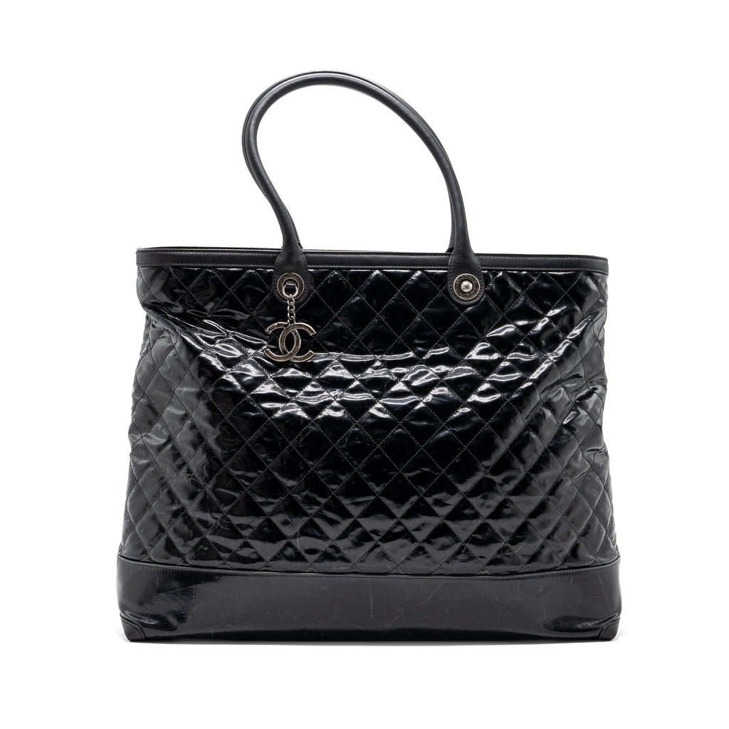CHANEL GIANT ZIP SHOPPING BAG PATENT BLACK RUTHENIUM HARDWARE