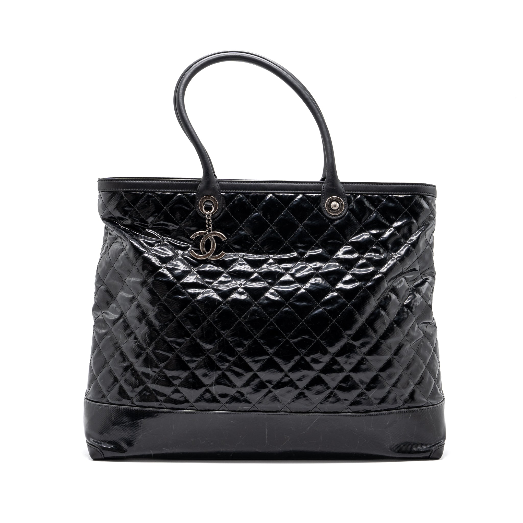 CHANEL GIANT ZIP SHOPPING BAG PATENT BLACK RUTHENIUM HARDWARE