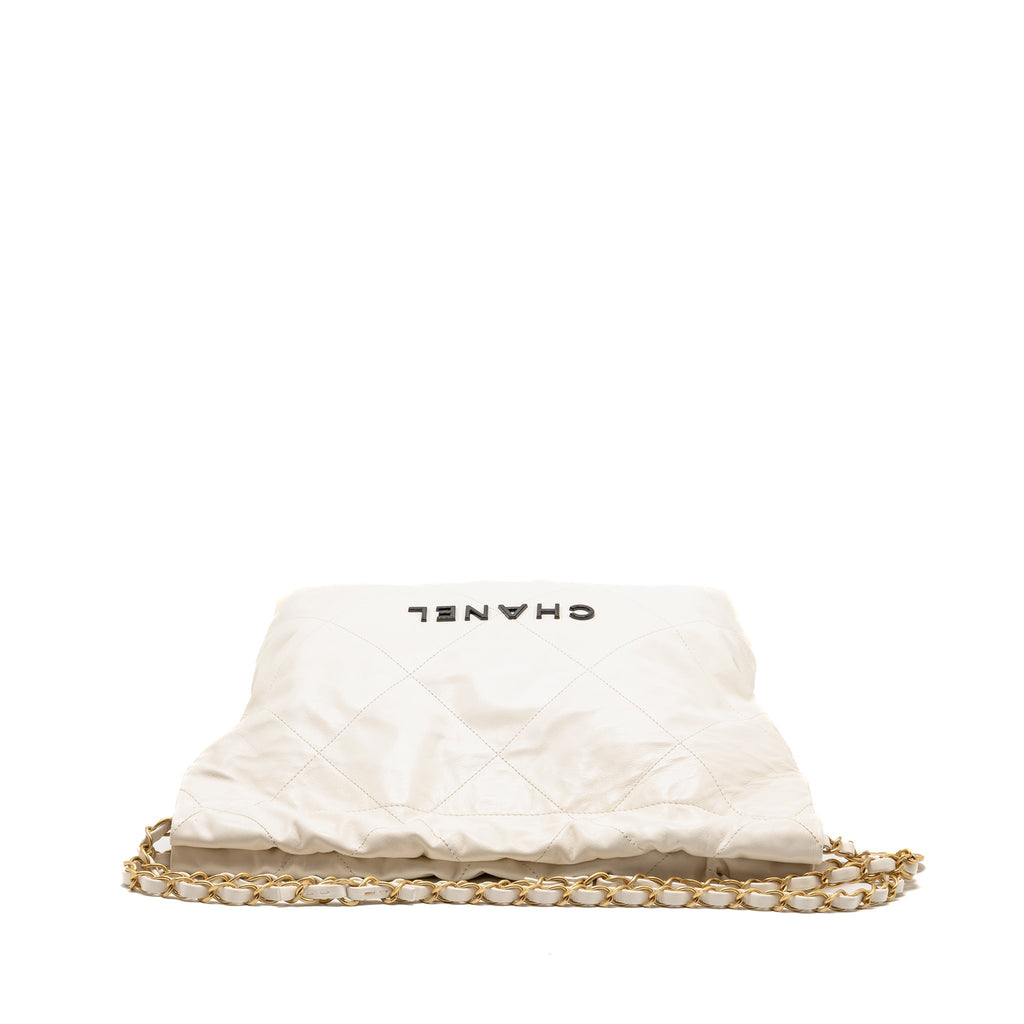 CHANEL SMALL 22 BAG WITH BLACK LETTER LOGO CALFSKIN WHITE GHW (MICROCHIP)