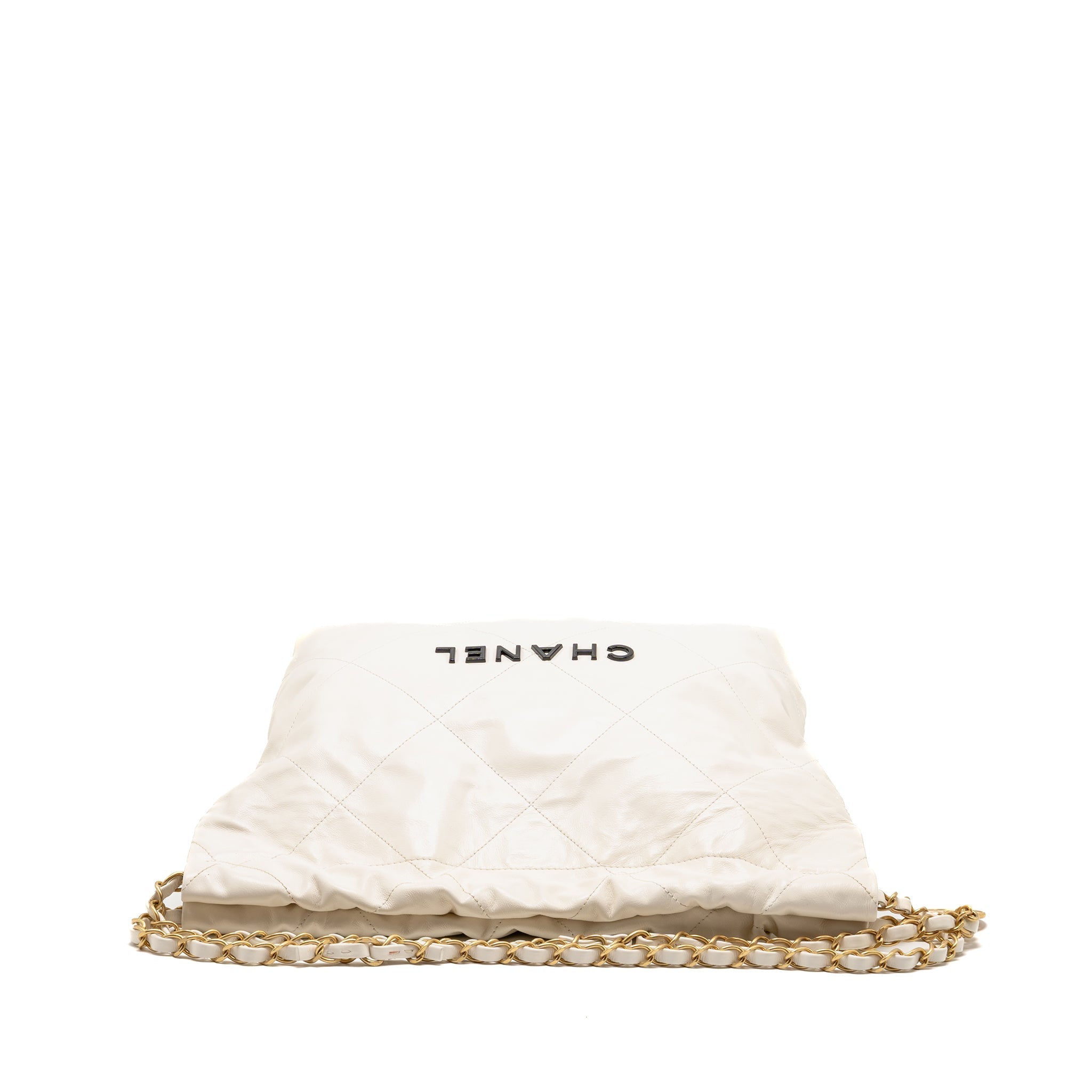 CHANEL SMALL 22 BAG WITH BLACK LETTER LOGO CALFSKIN WHITE GHW (MICROCHIP)