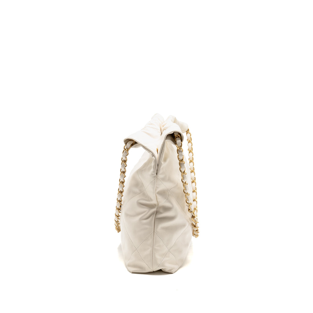 CHANEL SMALL 22 BAG WITH BLACK LETTER LOGO CALFSKIN WHITE GHW (MICROCHIP)