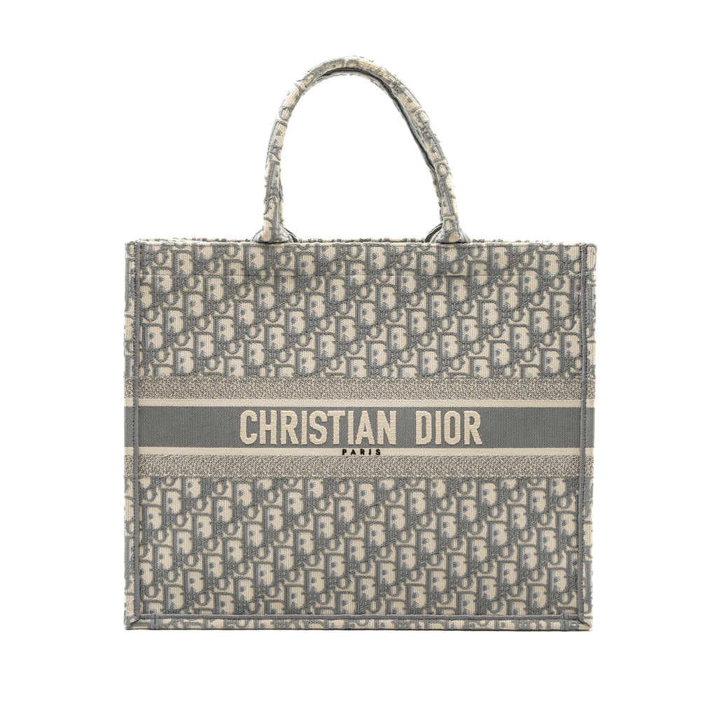 DIOR LARGE BOOK TOTE DIOR OBLIQUE EMBROIDERY ECRU/GREY