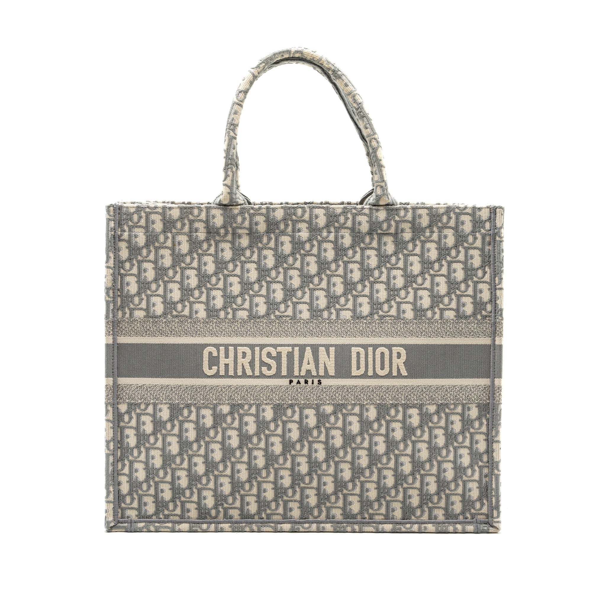 DIOR LARGE BOOK TOTE DIOR OBLIQUE EMBROIDERY ECRU/GREY