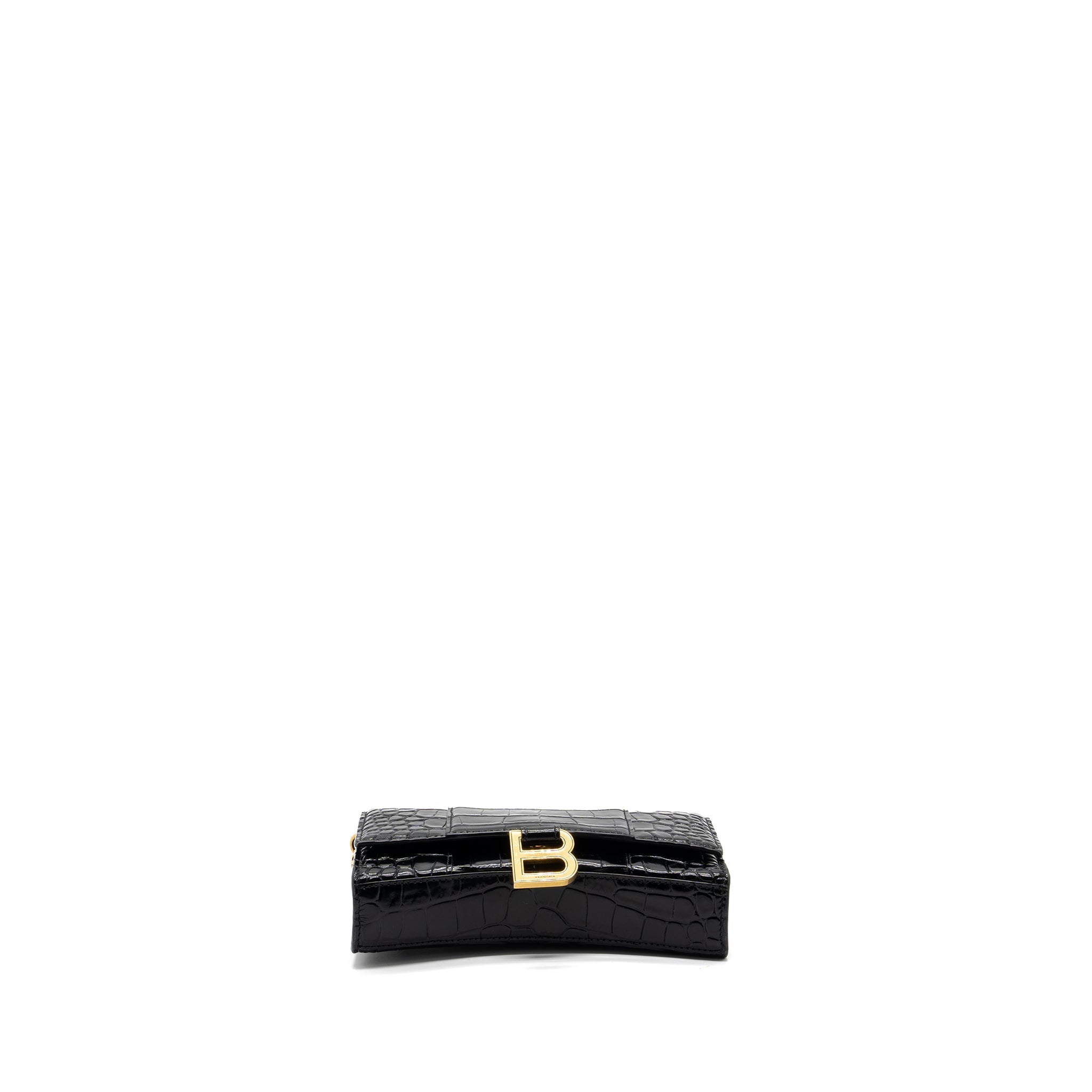 BALENCIAGA HOURGLASS WALLET ON CHAIN CROC EMBOSSED CALFSKIN BLACK GHW