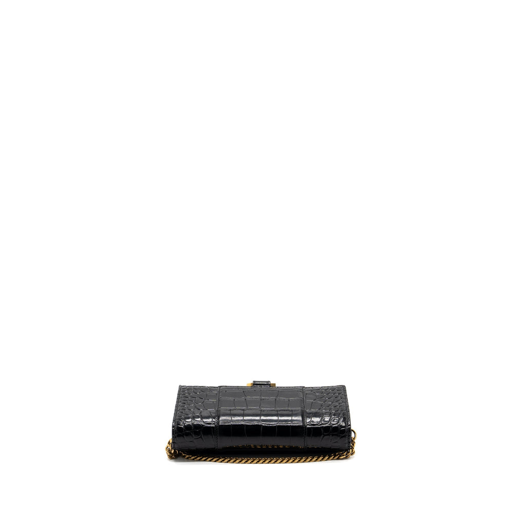 BALENCIAGA HOURGLASS WALLET ON CHAIN CROC EMBOSSED CALFSKIN BLACK GHW