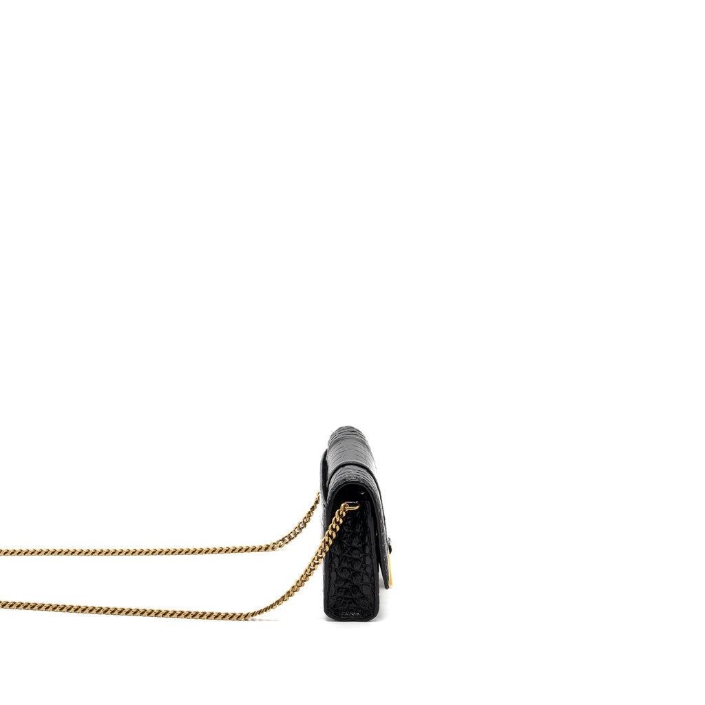 BALENCIAGA HOURGLASS WALLET ON CHAIN CROC EMBOSSED CALFSKIN BLACK GHW