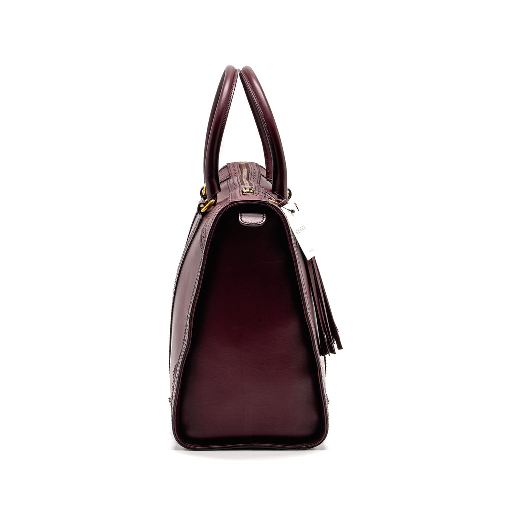 GUCCI VINTAGE DUILIO BROGUE BOSTON BAG CALFSKIN BURGUNDY GHW
