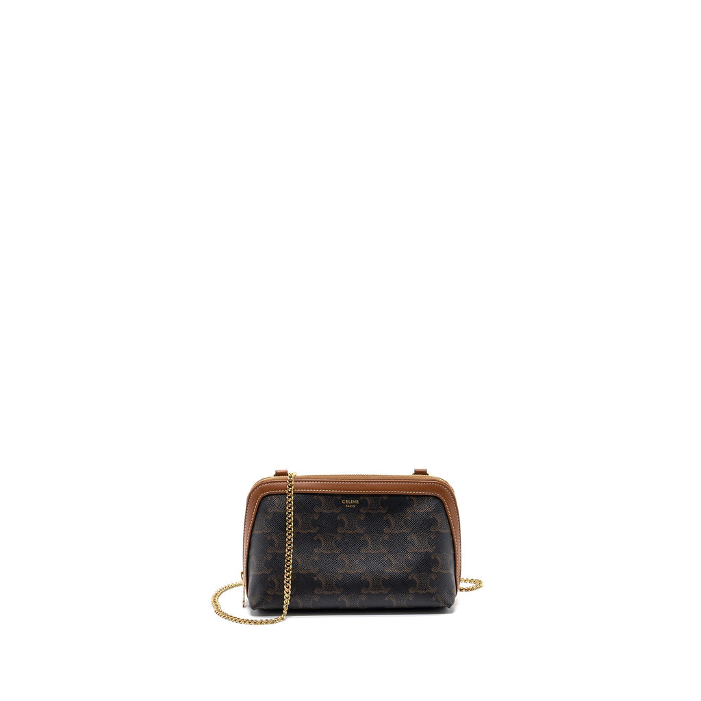 CELINE CLUTCH WITH CHAIN TRIOMPHE CANVAS/LAMBSKIN TAN GHW