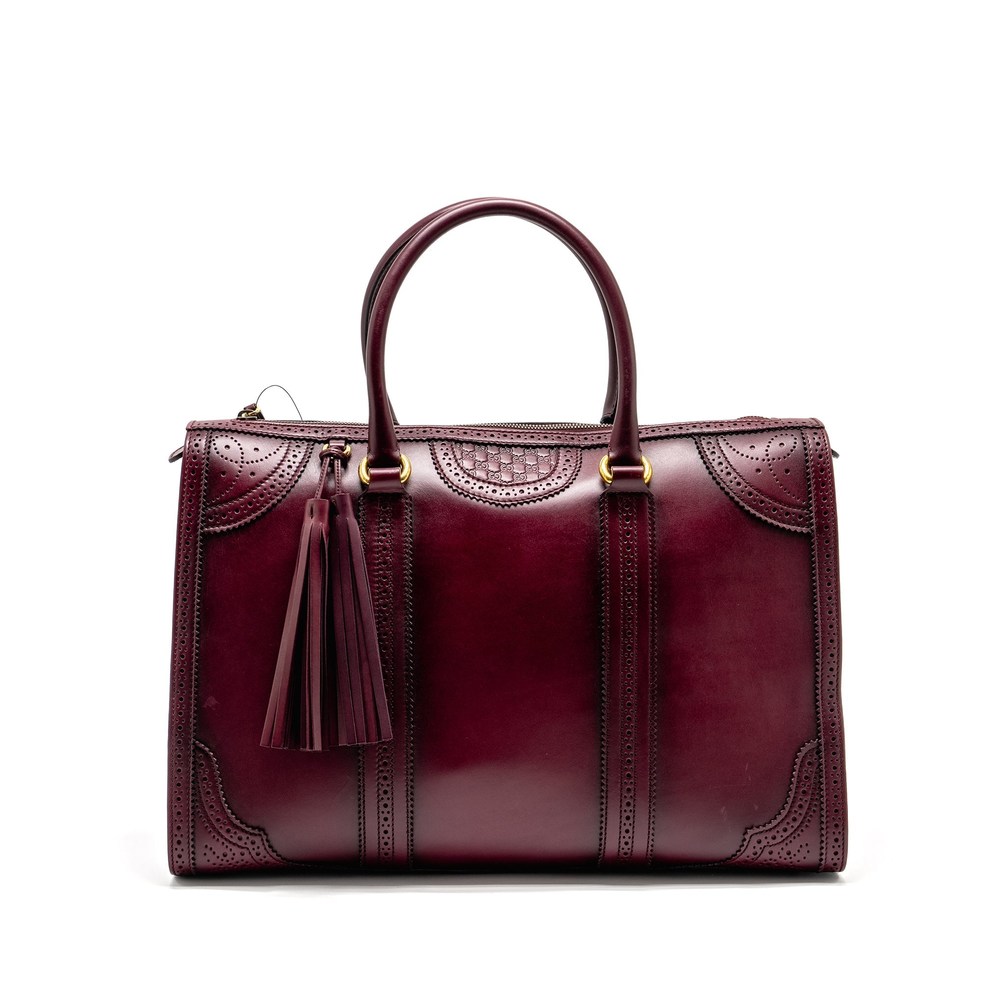 GUCCI VINTAGE DUILIO BROGUE BOSTON BAG CALFSKIN BURGUNDY GHW