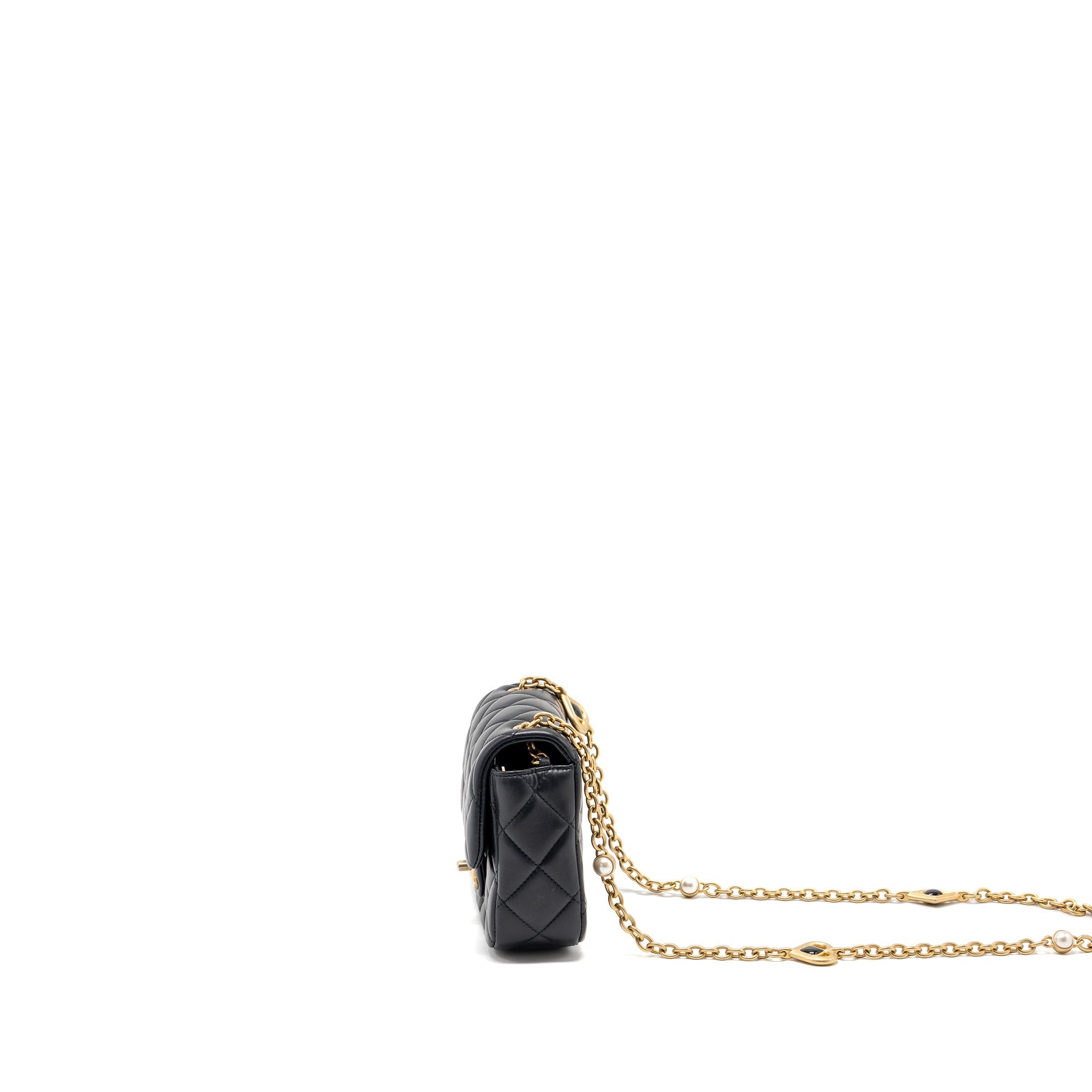 CHANEL QUILTED FLAP BAG WITH HEART CHARM CHAIN LAMBSKIN BLACK GHW (MICROCHIP)