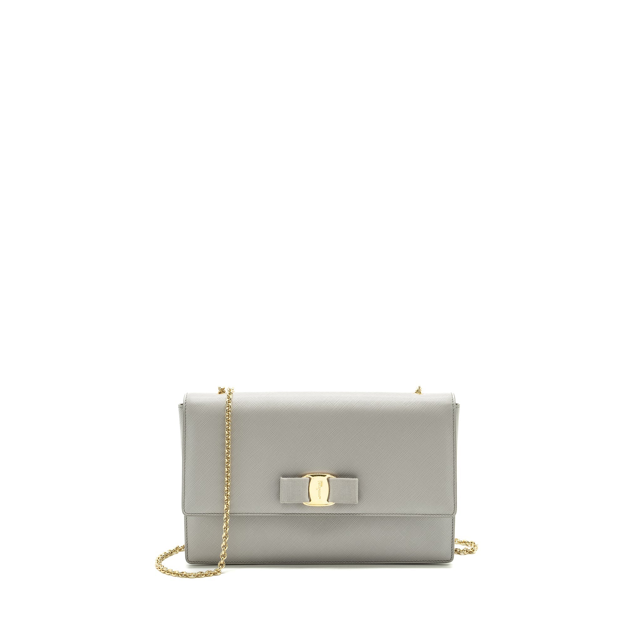 FERRAGAMO GINNY CHAIN BAG CALFSKIN LIGHT GREY LGHW