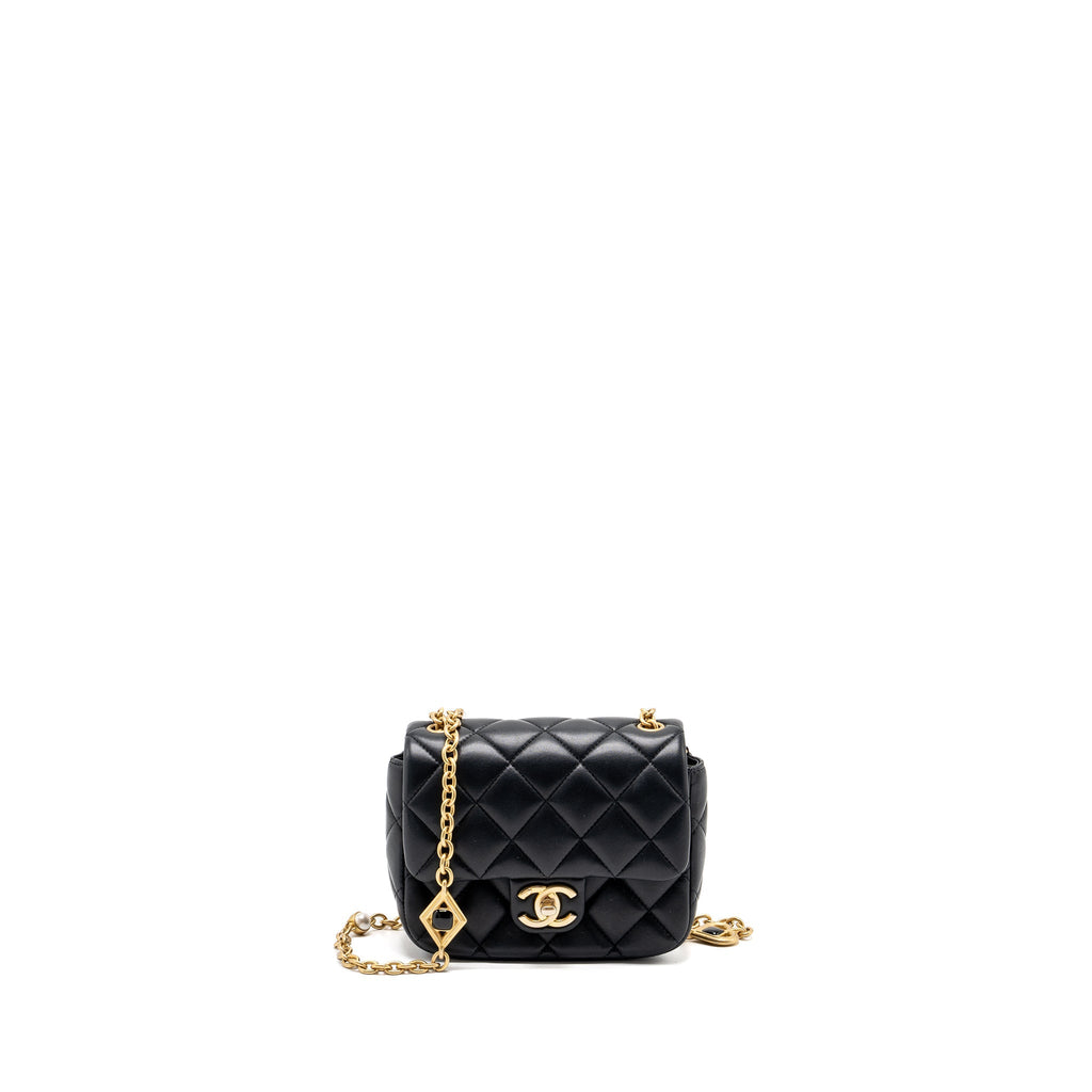 CHANEL QUILTED FLAP BAG WITH HEART CHARM CHAIN LAMBSKIN BLACK GHW (MICROCHIP)