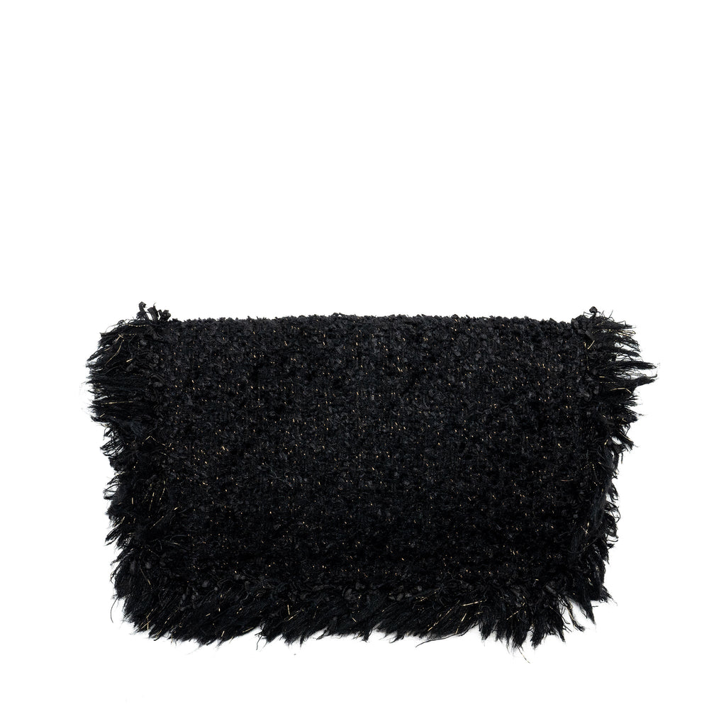 CHANEL FRINGE PARIS COSMOPOLITE CLUTCH TWEED BLACK GHW
