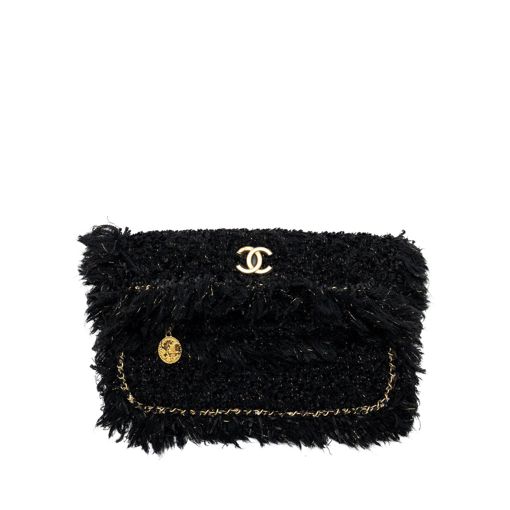 CHANEL FRINGE PARIS COSMOPOLITE CLUTCH TWEED BLACK GHW