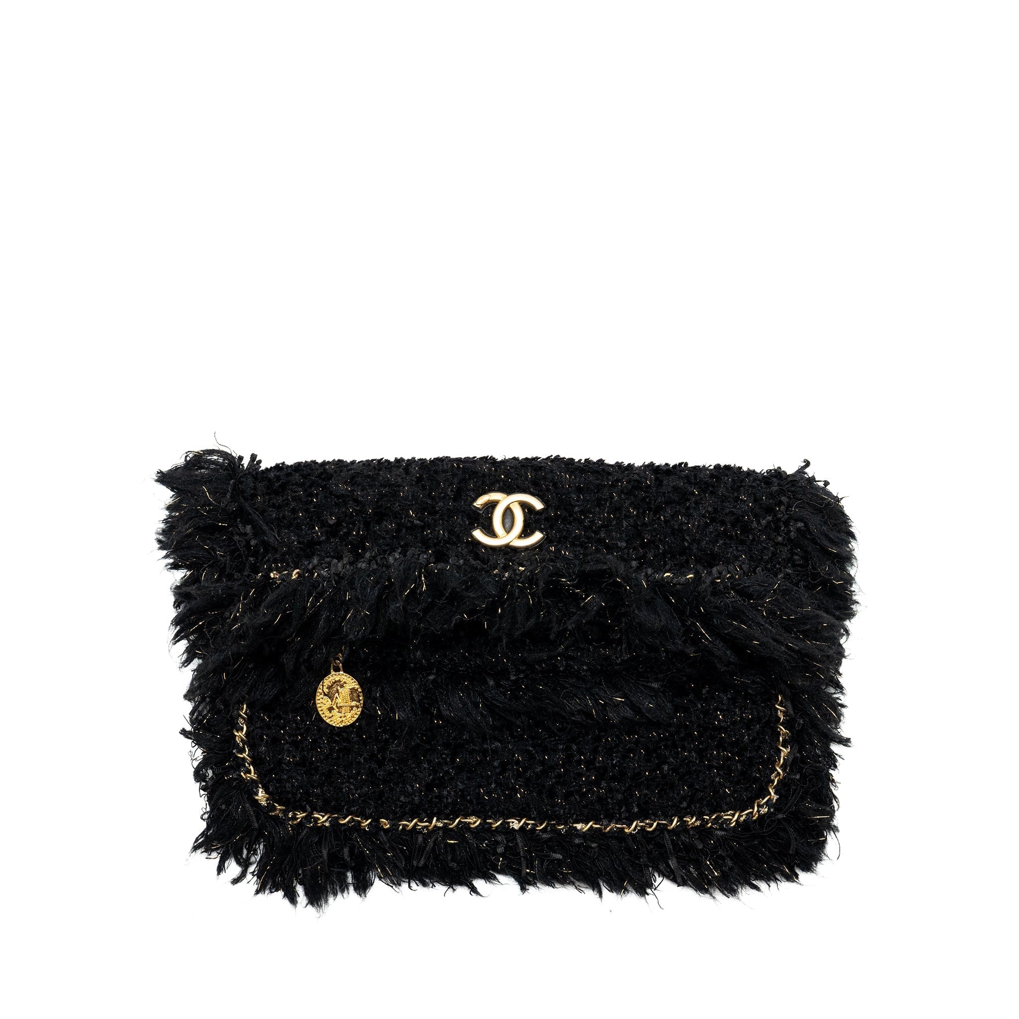 CHANEL FRINGE PARIS COSMOPOLITE CLUTCH TWEED BLACK GHW