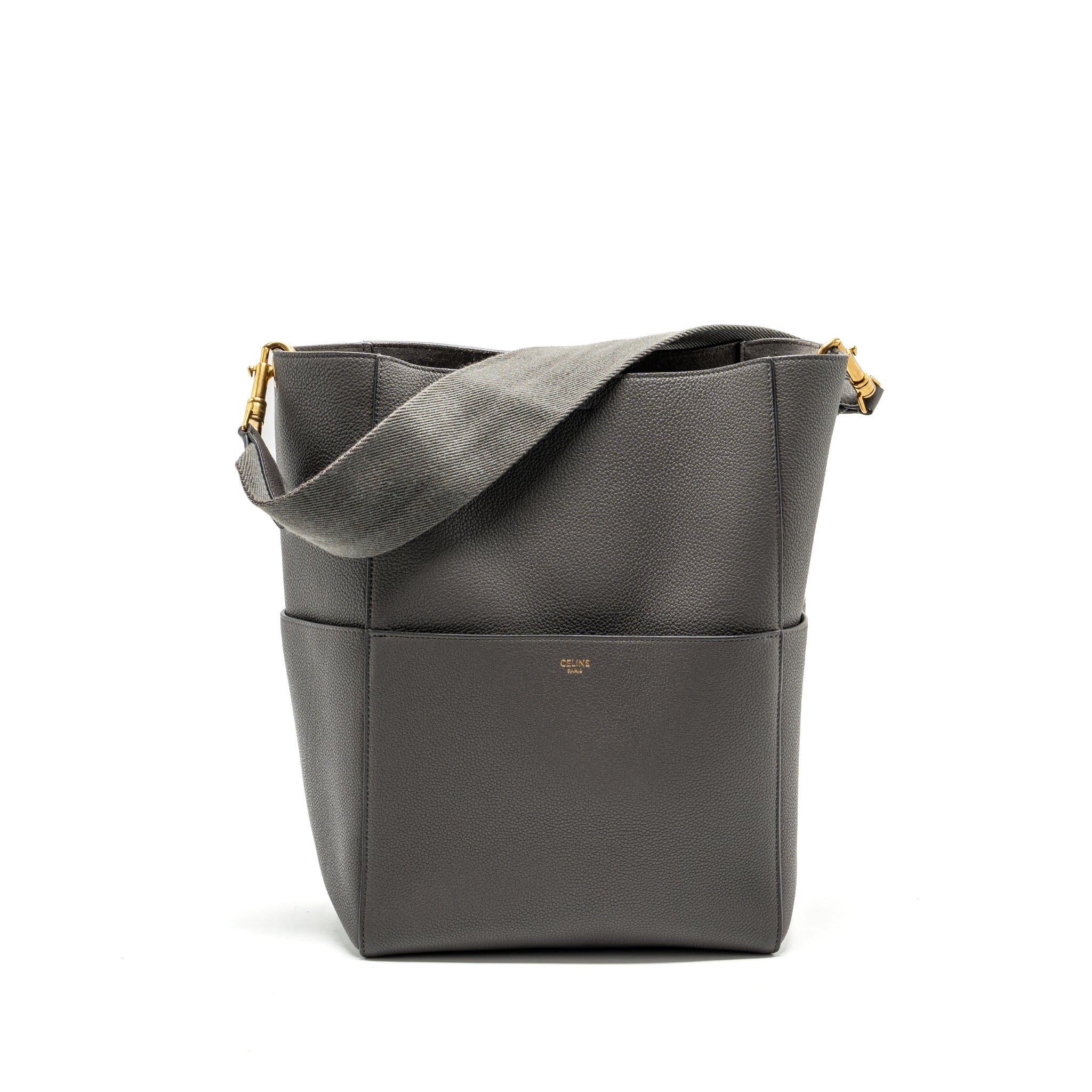 CELINE SANGLE BUCKET BAG GRAINED CALFSKIN GREY GHW