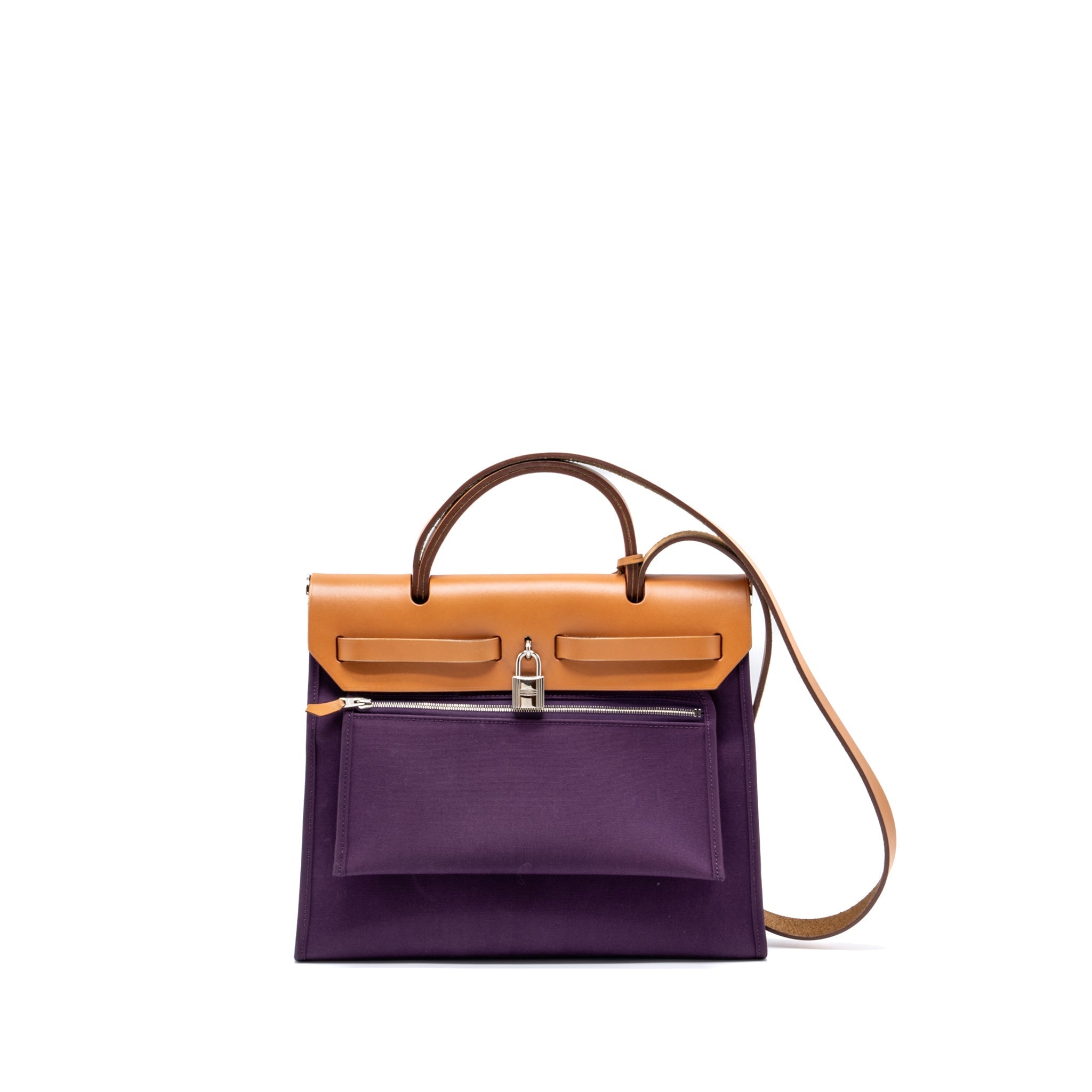 HERMES HERBAG 31 ZIP BAG CANVAS/HUNTER LEATHER PURPLE SHW