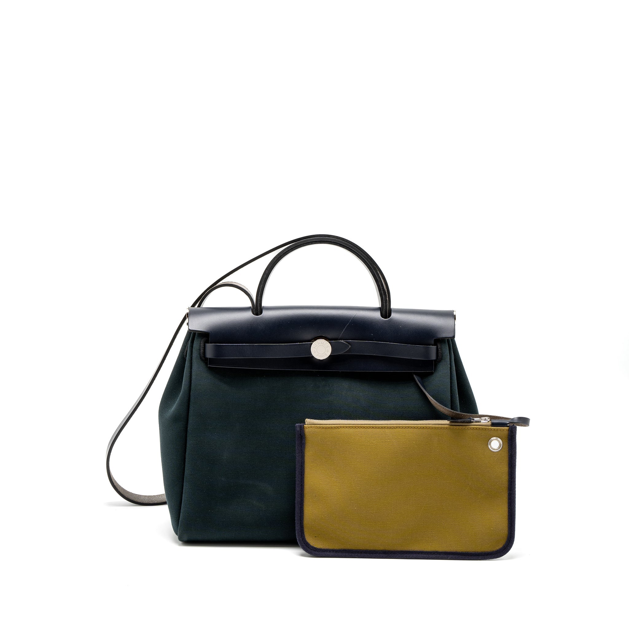 HERMES HERBAG 31 ZIP BAG CANVAS/VACHE HUNTER VERT CYPRES/VERT OLIVE/BLUE INDIGO SHW