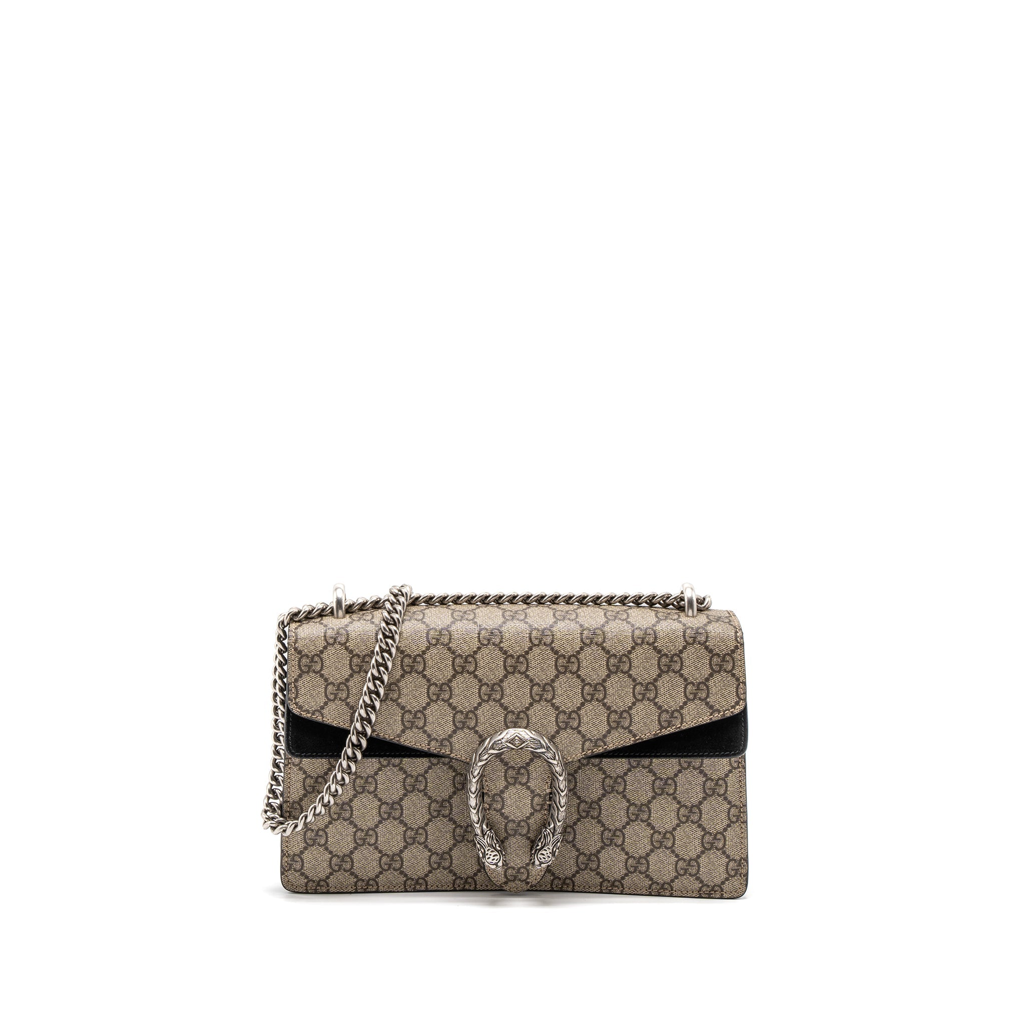 GUCCI DIONYSUS SHOULDER BAG GG SUPREME CANVAS BLACK/BROWN RUTHENIUM SILVER HARDWARE