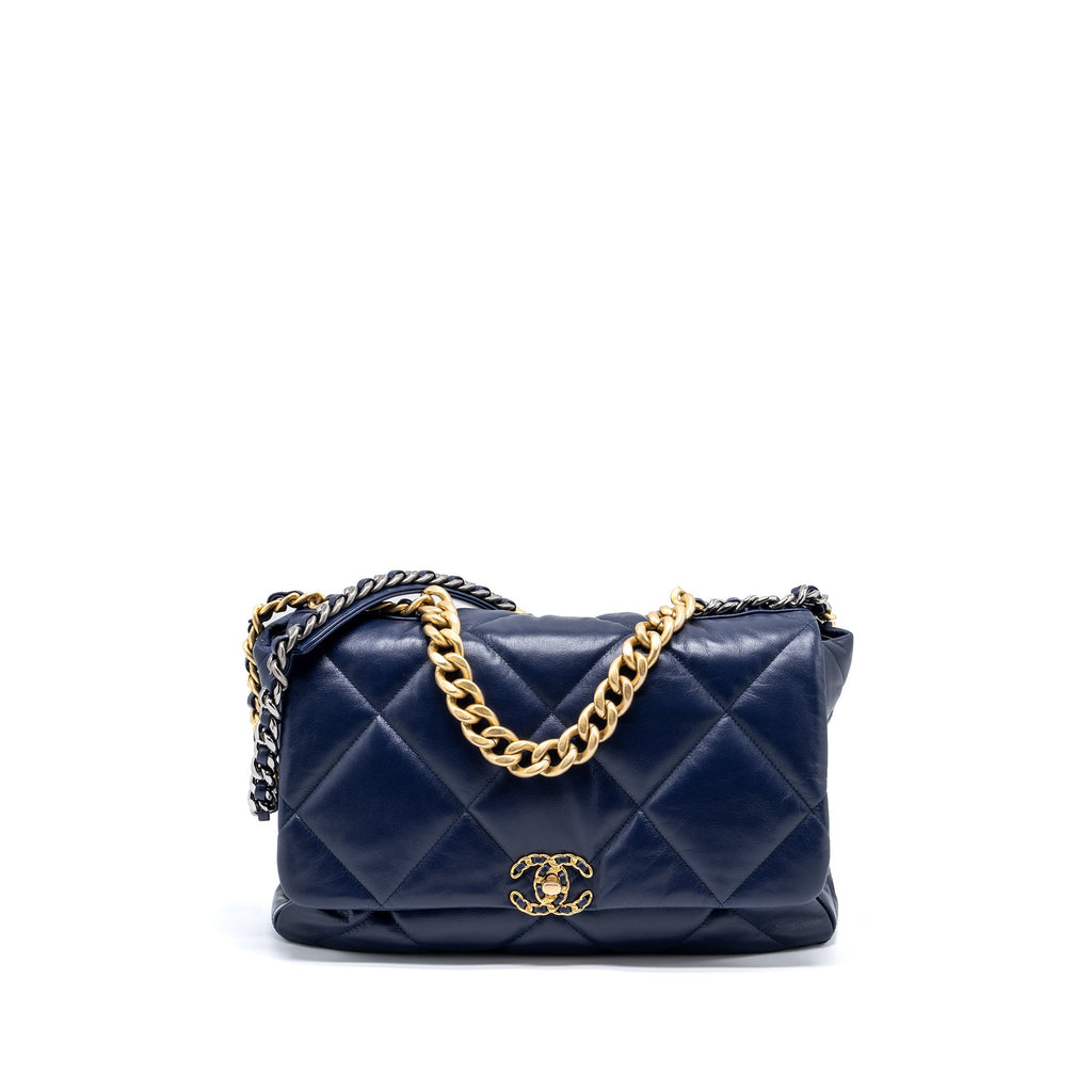 CHANEL MAXI 19 BAG GOATSKIN DARK BLUE MULTICOLOUR HARDWARE