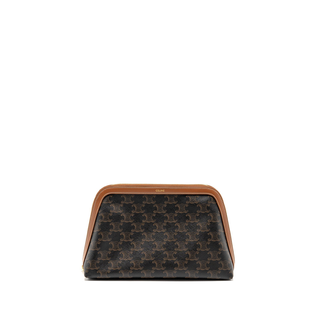 CELINE LARGE COSMETIC POUCH TRIOMPHE CANVAS/CALFSKIN TAN GHW