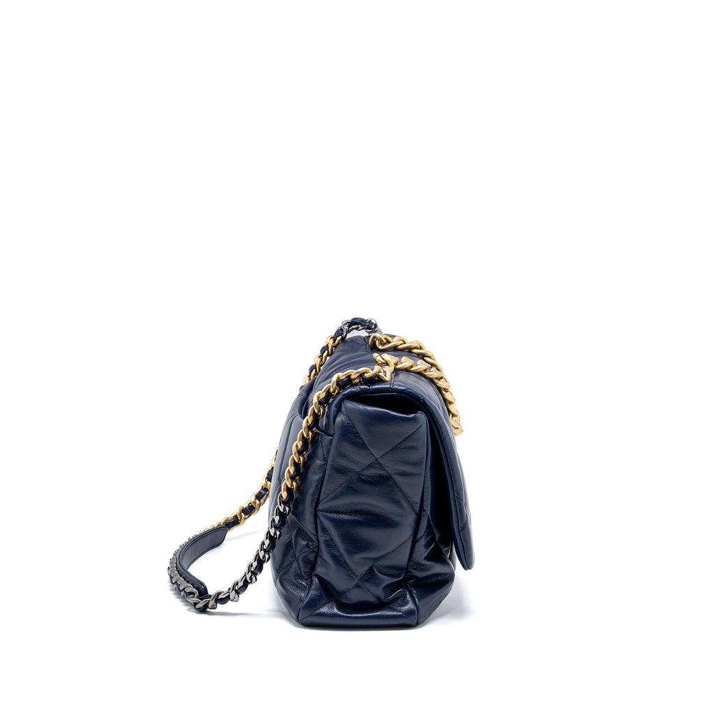 CHANEL MAXI 19 BAG GOATSKIN DARK BLUE MULTICOLOUR HARDWARE