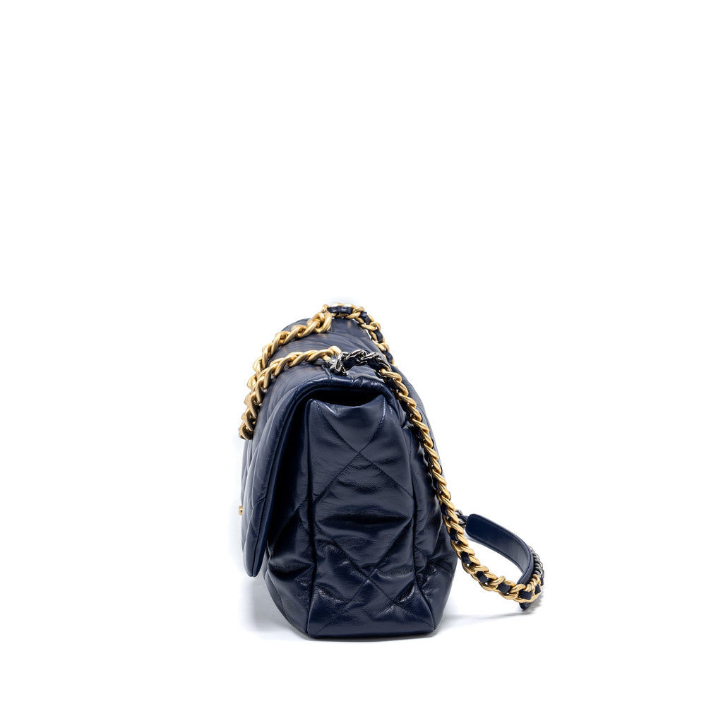 CHANEL MAXI 19 BAG GOATSKIN DARK BLUE MULTICOLOUR HARDWARE
