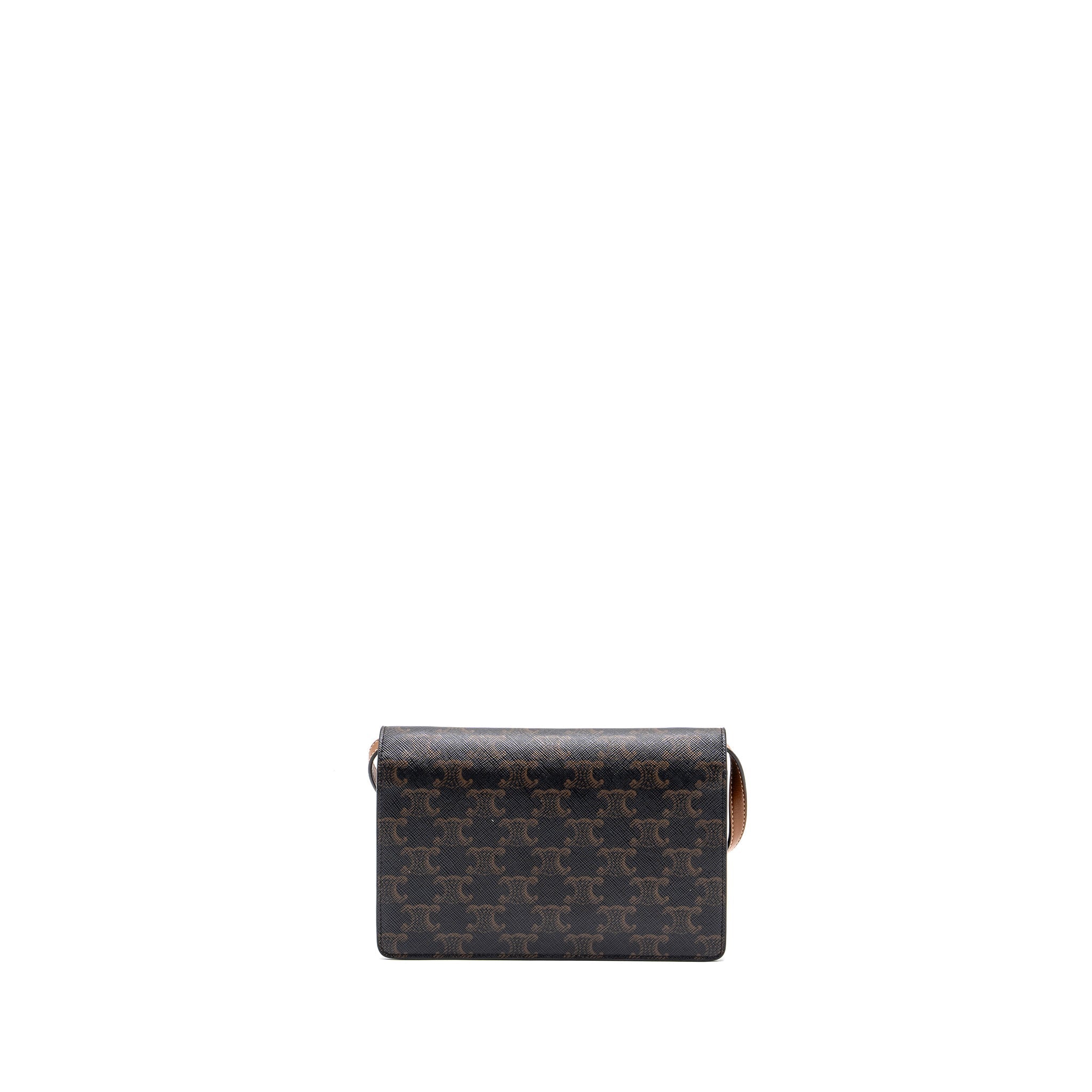 CELINE WALLET ON STRAP TRIOMPHE CANVAS/SMOOTH LAMBSKIN TAN GHW