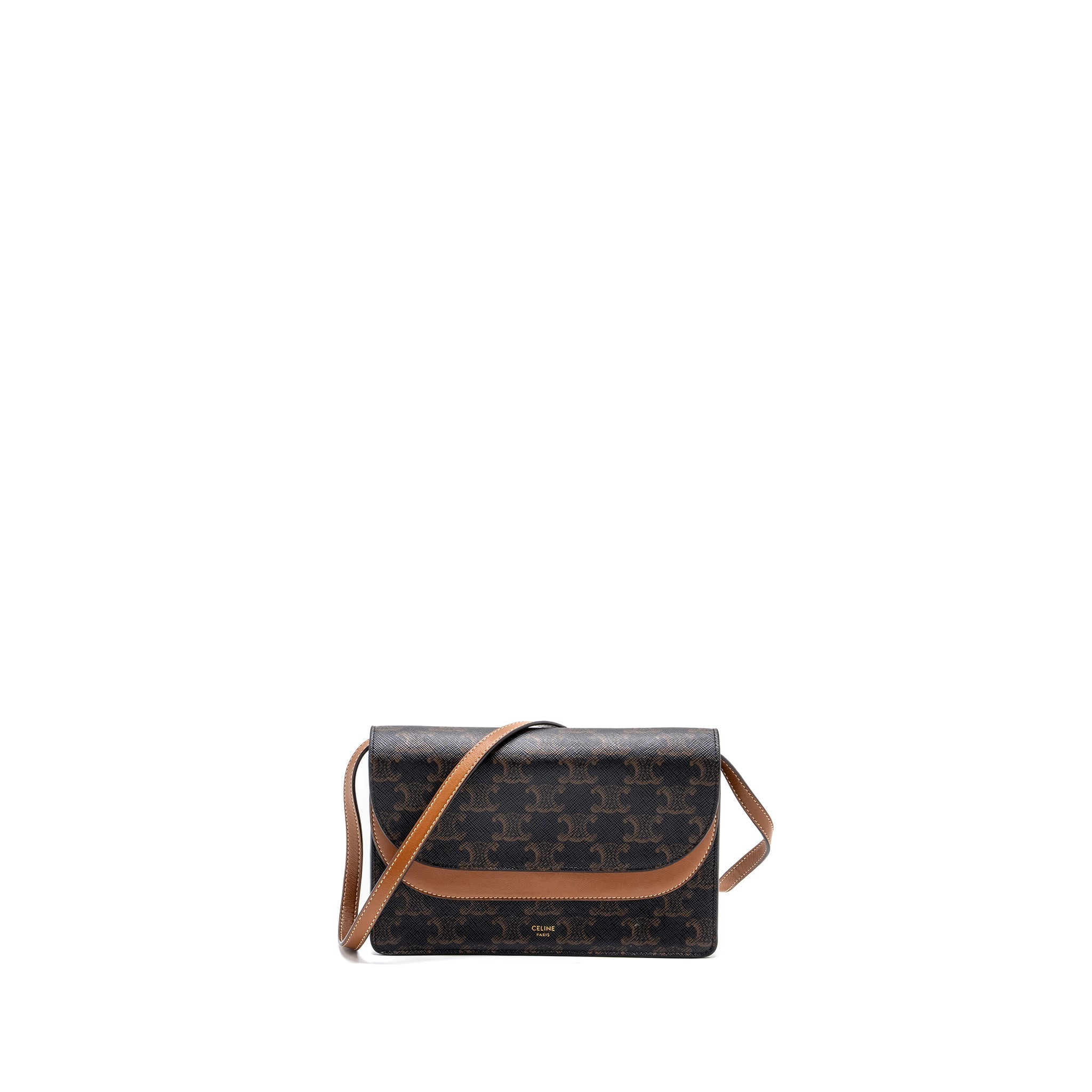 CELINE WALLET ON STRAP TRIOMPHE CANVAS/SMOOTH LAMBSKIN TAN GHW