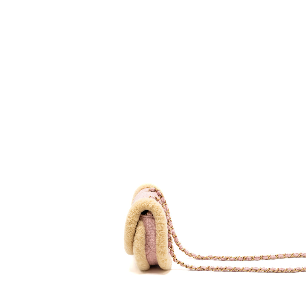 CHANEL 22K COZY COCO ROUND FLAP BAG TWEED/ SHEARLING PINK GHW(MICROCHIP)