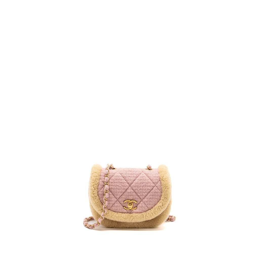 CHANEL 22K COZY COCO ROUND FLAP BAG TWEED/ SHEARLING PINK GHW(MICROCHIP)