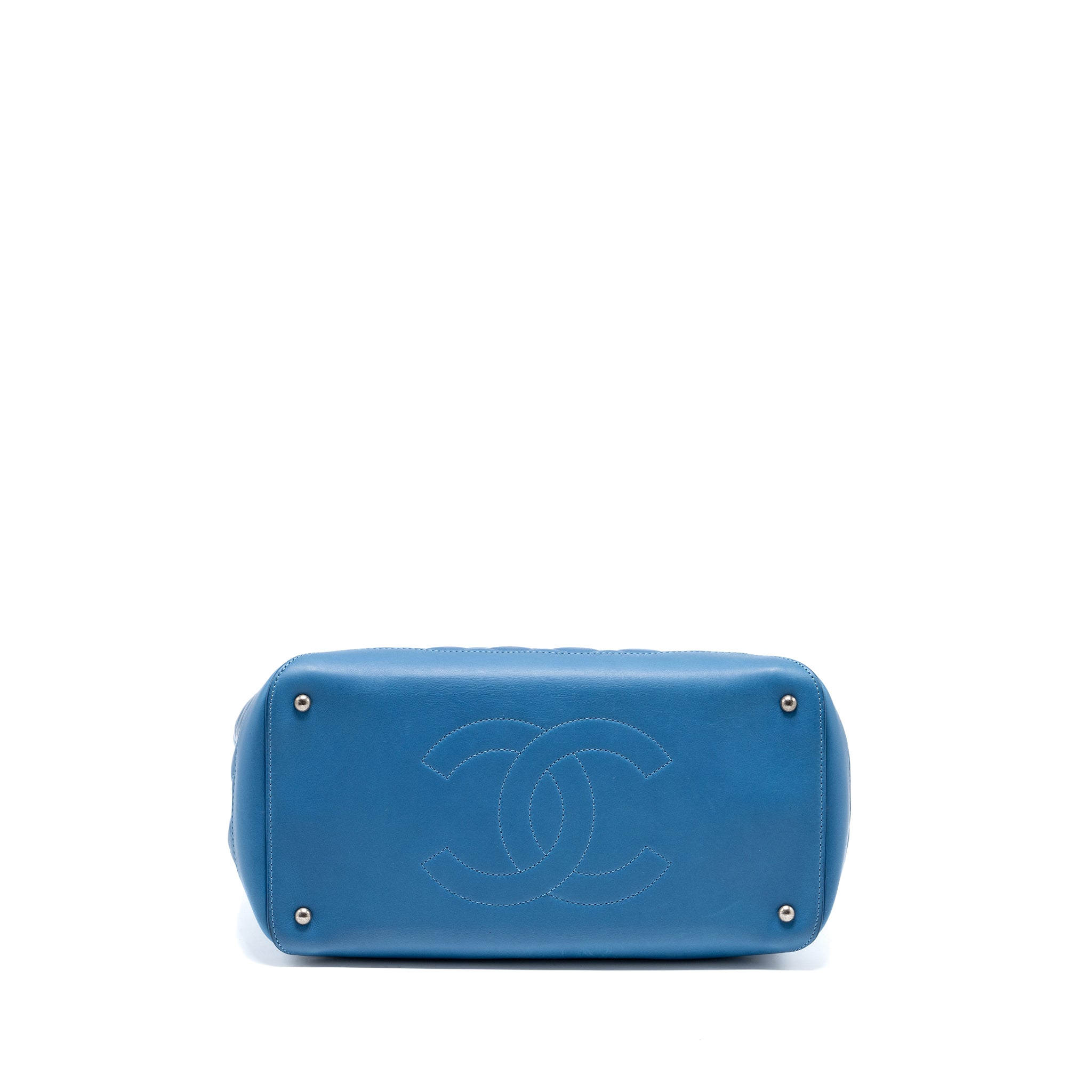CHANEL TOP HANDLE QUILTED TOTE BAG CALFSKIN BLUE RUTHENIUM HARDWARE