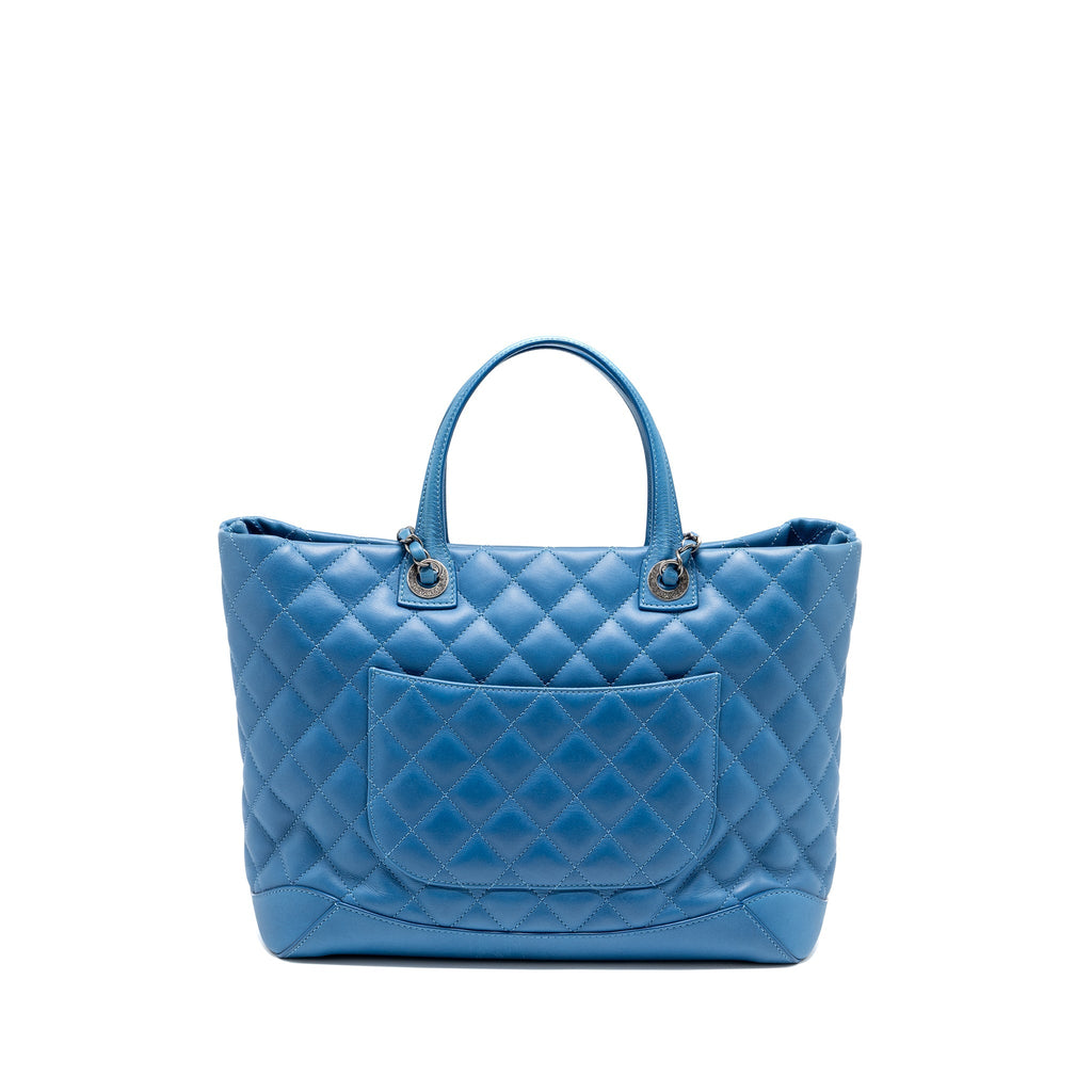 CHANEL TOP HANDLE QUILTED TOTE BAG CALFSKIN BLUE RUTHENIUM HARDWARE