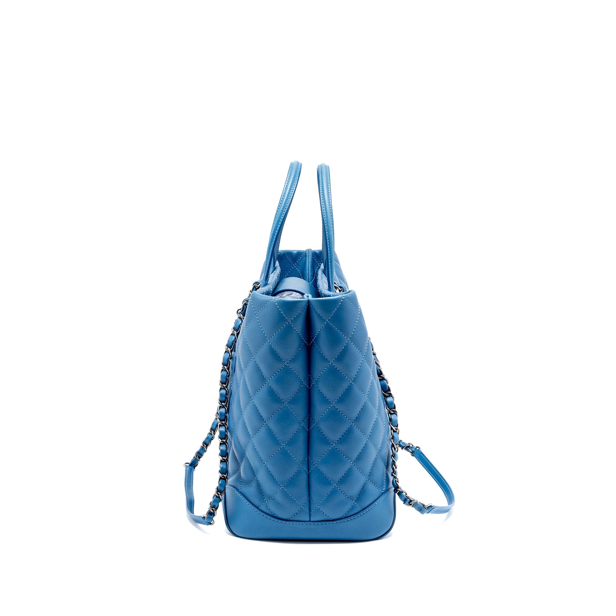 CHANEL TOP HANDLE QUILTED TOTE BAG CALFSKIN BLUE RUTHENIUM HARDWARE